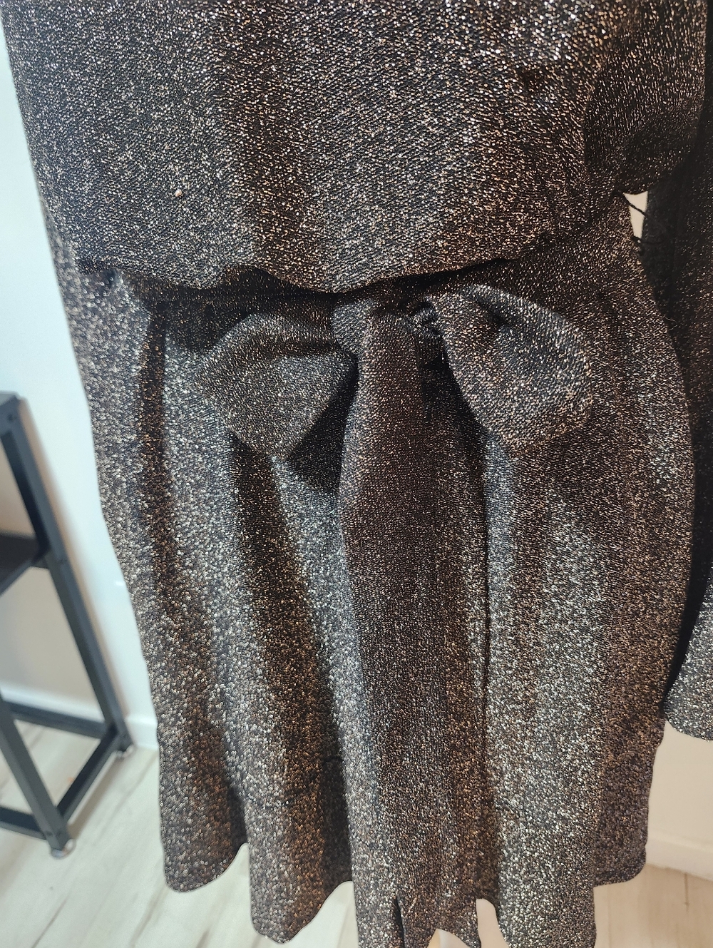 Devoted Sparkle Long Sleeve Tie-Waist V-Neck Mini Dress - Brown/Gold - Picture 5 of 10